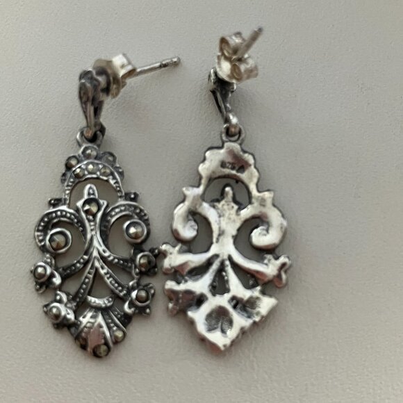 Vintage Sterling Silver Marcasite Drop Earrings - Picture 4 of 5